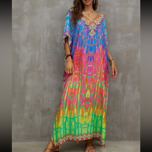Boho Tie Dye Print Batwing Sleeve Slit Hem Maxi Dress - Picture 3 of 9